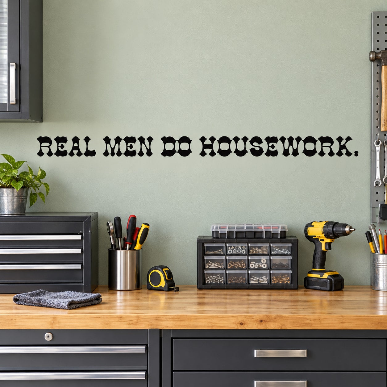 Wall decal with bold black text: "REAL MEN DO HOUSEWORK."