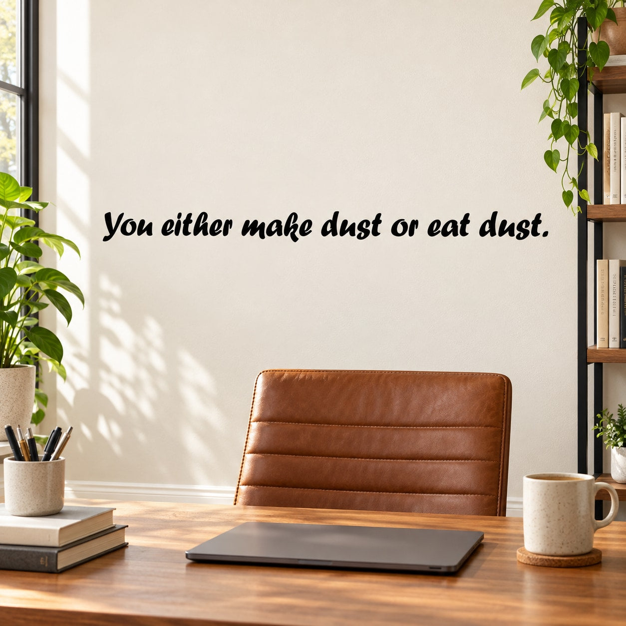 Wall decal with 'You either make dust or eat dust' text in black.