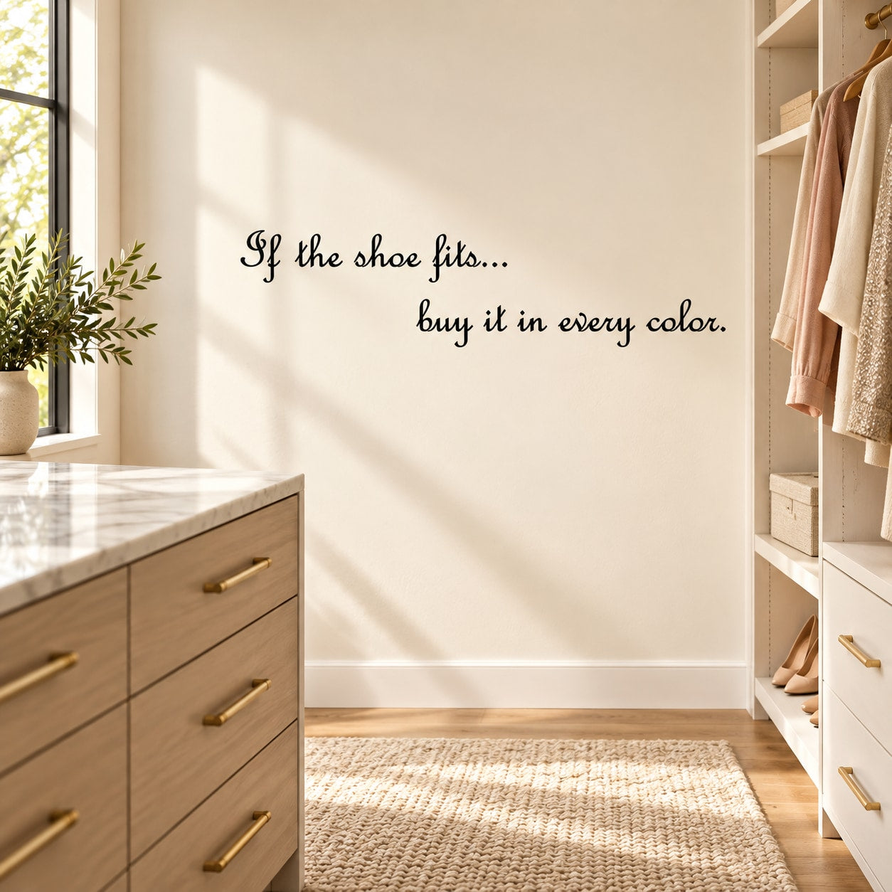 Wall decal with black cursive quote: If the shoe fits... buy it in every color.