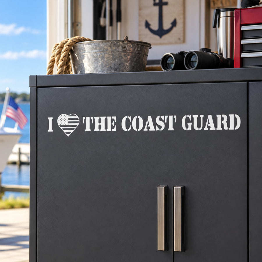 Coast Guard love decal with heart and anchor emblem, reads “I ♥ THE COAST GUARD”
