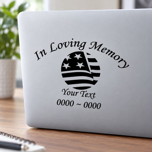Memorial decal with circular American flag and 'In Loving Memory' with 'Your Text'