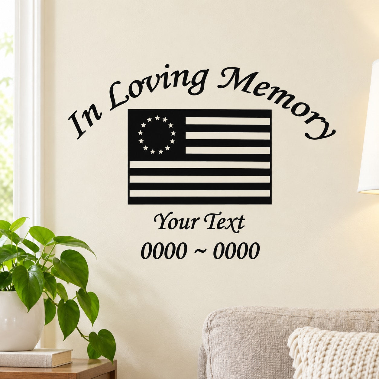 In Loving Memory memorial decal with American flag, 'Your Text' and 0000~0000