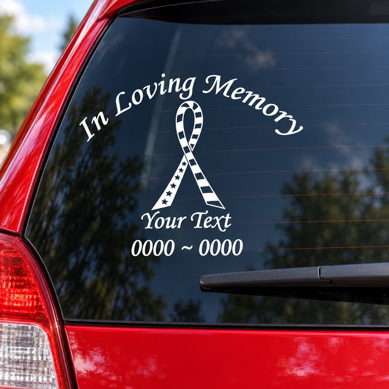 Car window decal with 'In Loving Memory' lettering, ribbon icon, and placeholder text