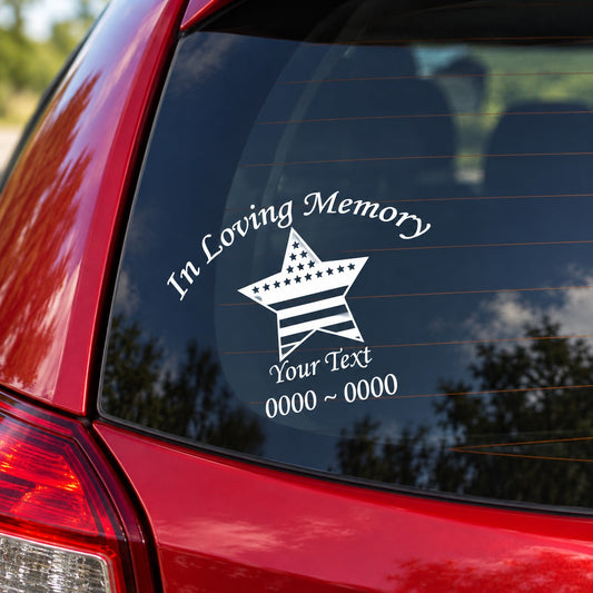 Car memorial decal with American flag star and 'In Loving Memory' text