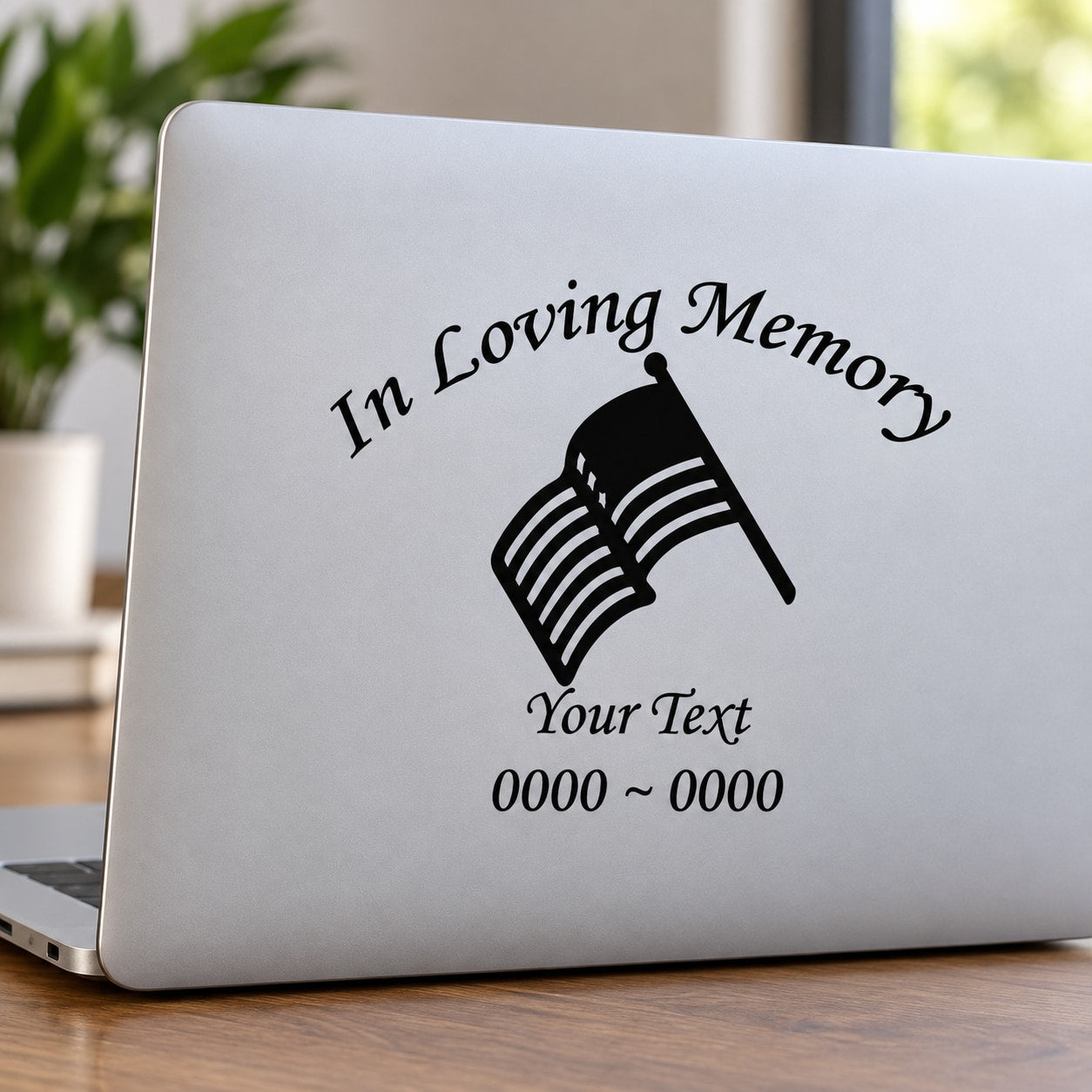 In Loving Memory memorial decal with waving American flag icon and custom text lines