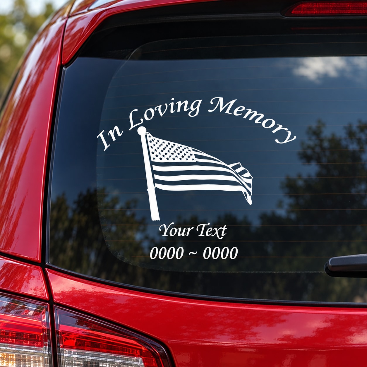 Memorial decal with waving American flag and 'In Loving Memory' custom text