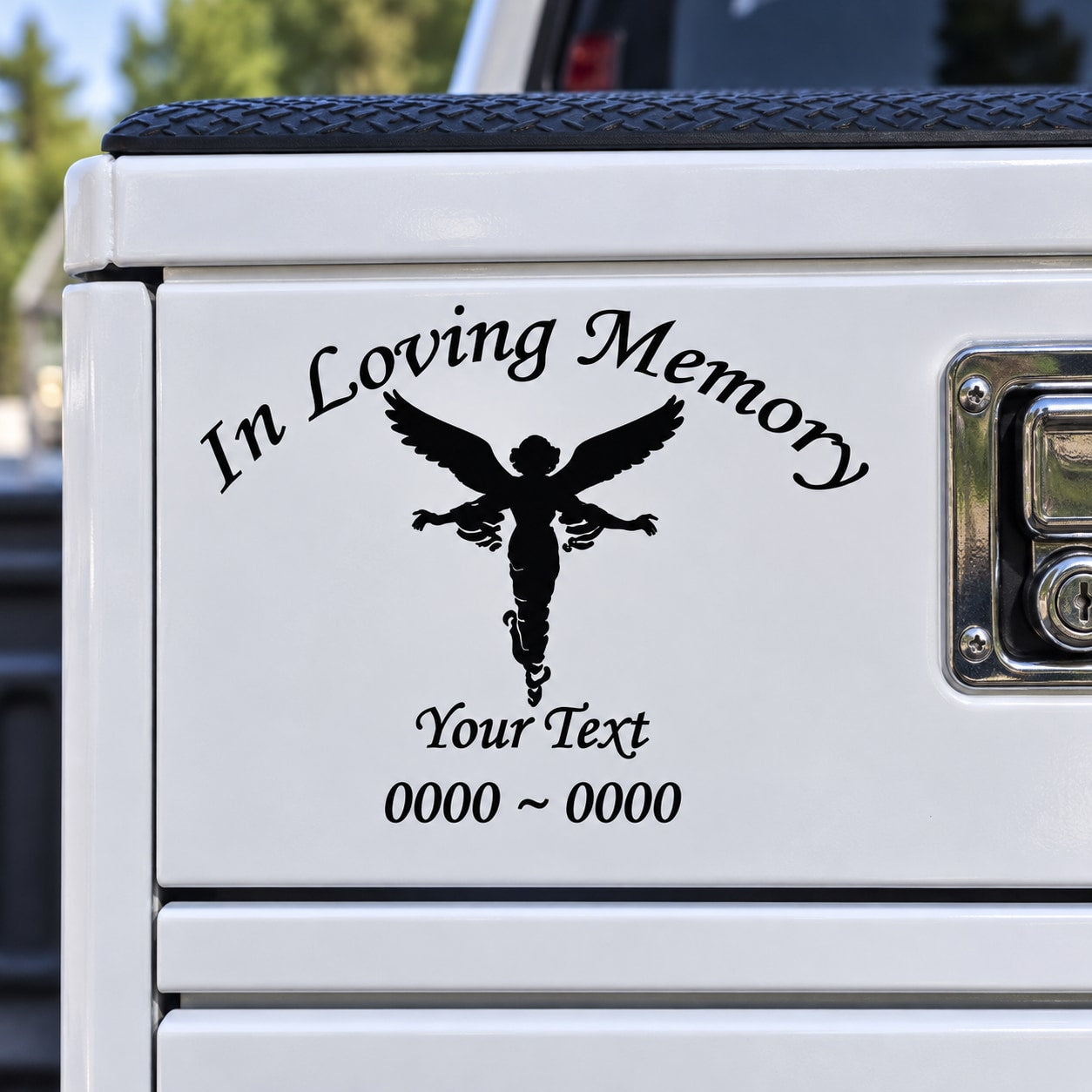 In loving memory decal with black angel silhouette and editable name/text fields