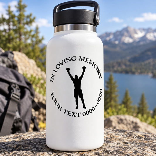 White water bottle with black In Loving Memory decal and silhouette boxer arms raised