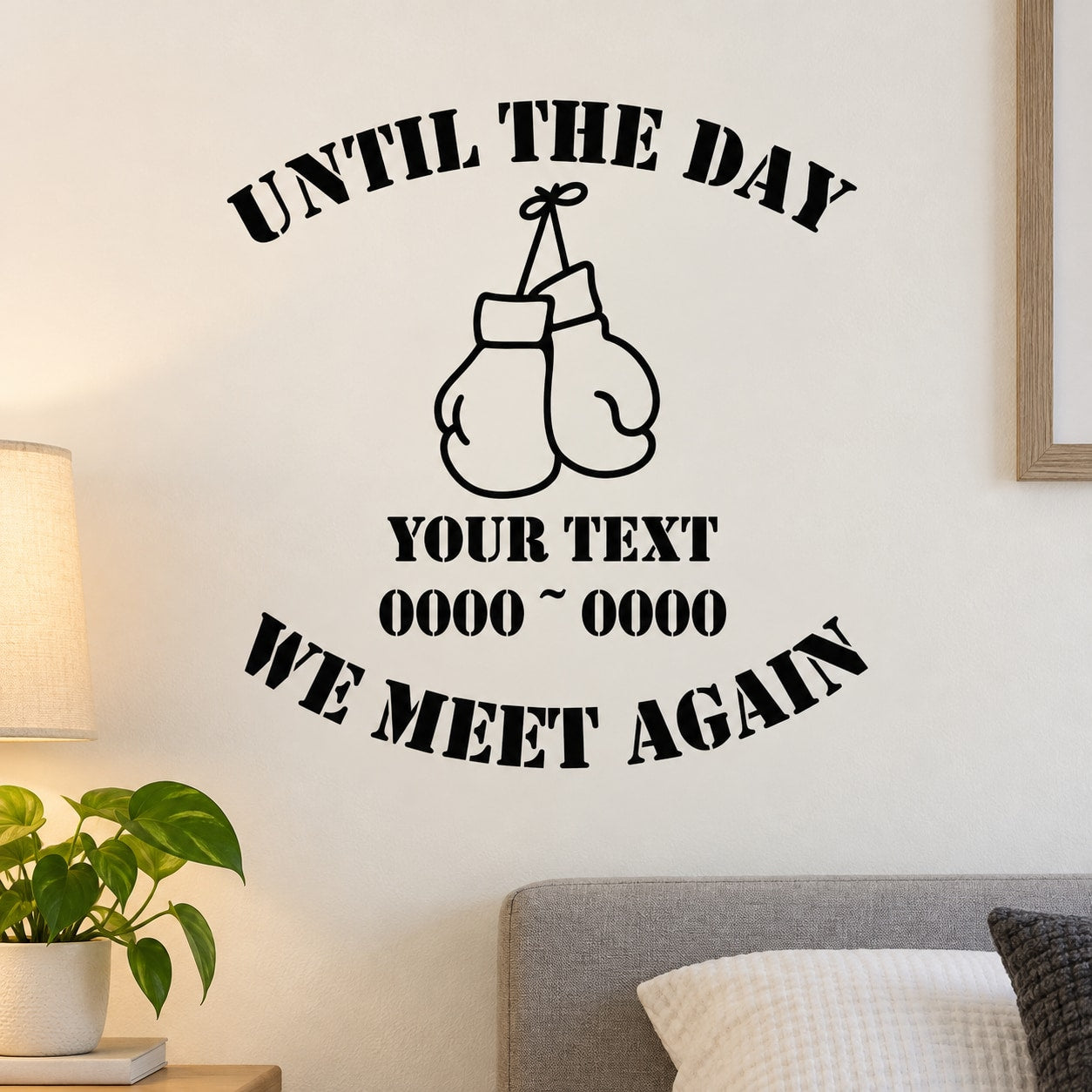 Memorial boxing gloves wall decal: 'Until the day' and 'We meet again' text