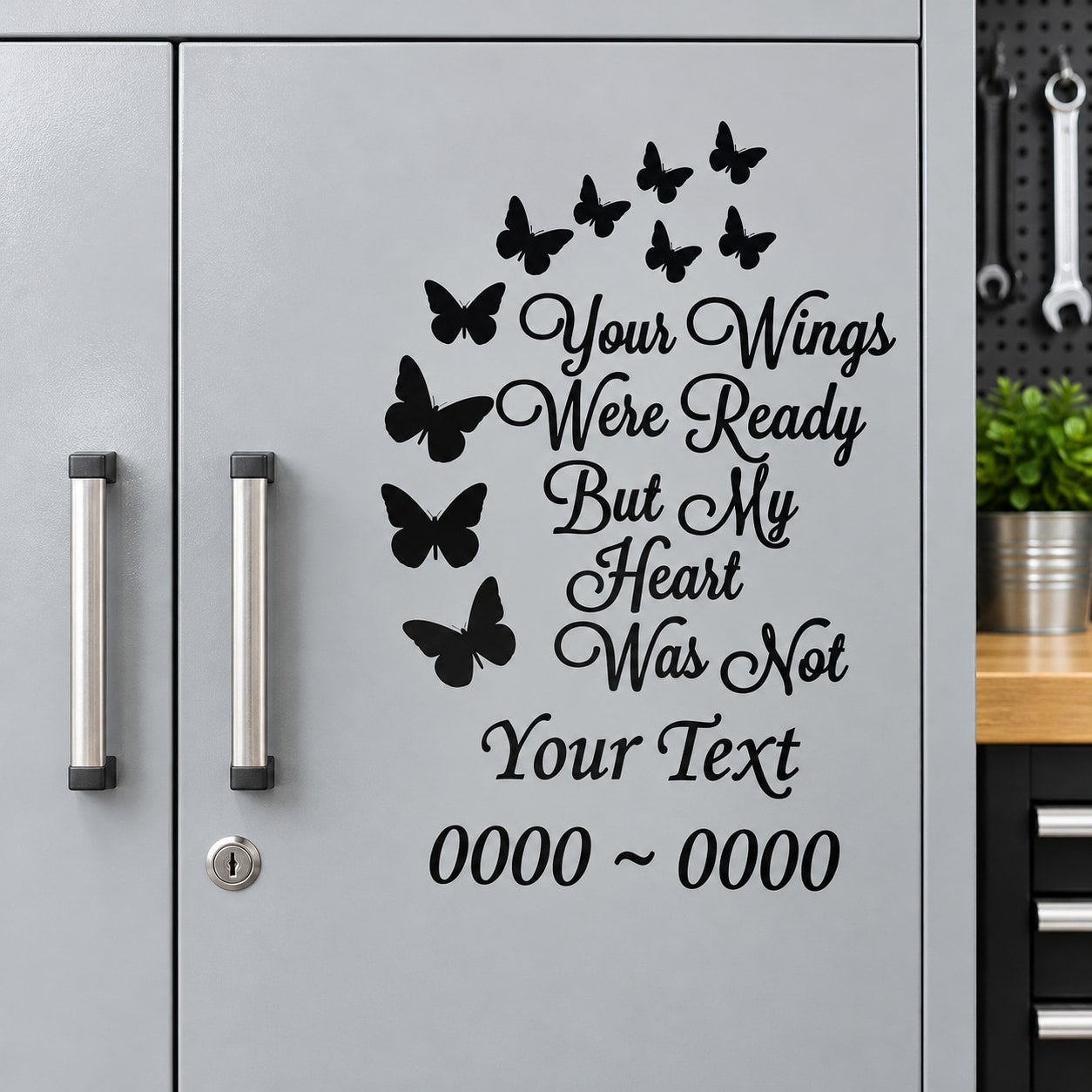 Memory butterfly decal with black butterflies and custom cursive text