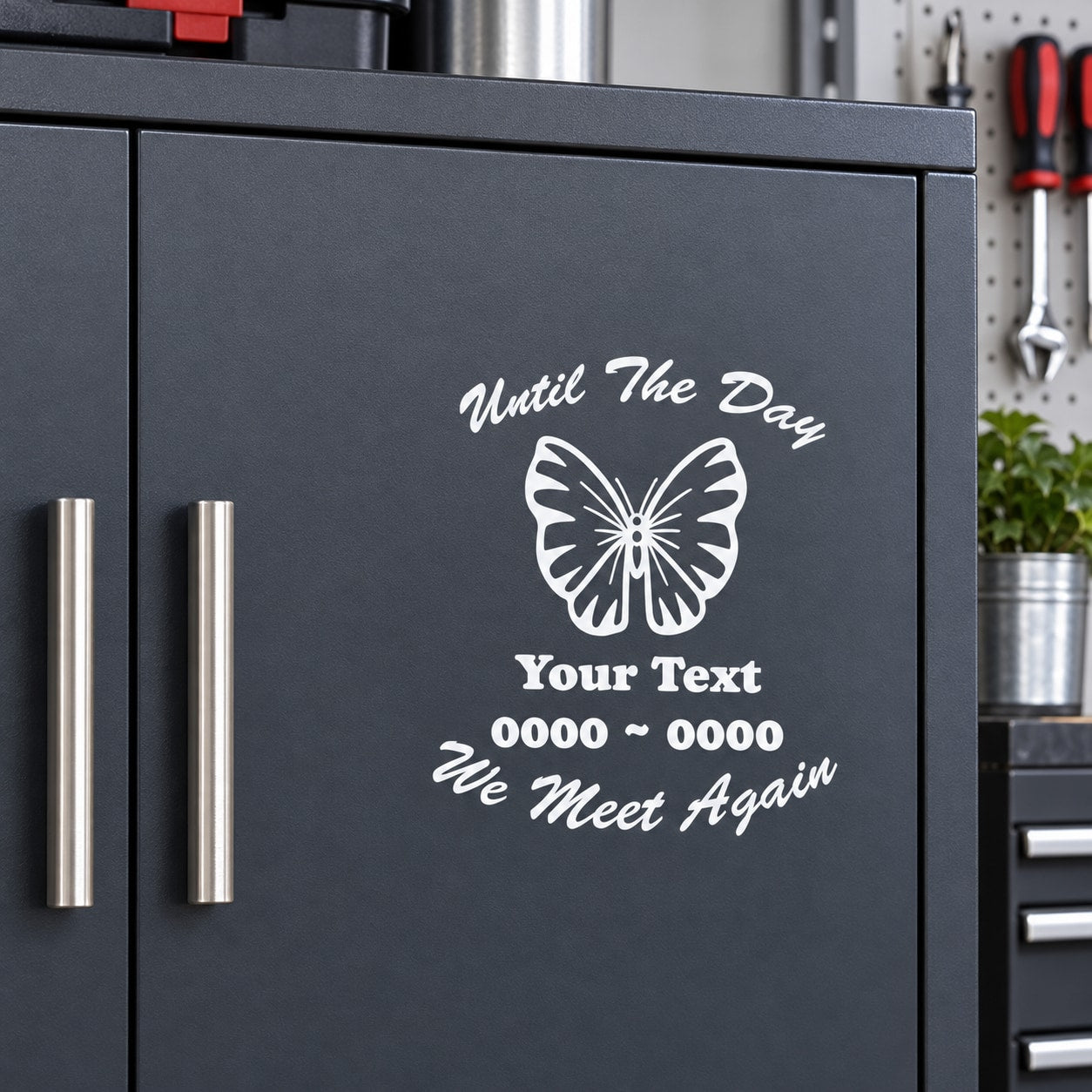 Memorial butterfly decal with white butterfly and cursive text, “Until the Day” and “We Meet Again”
