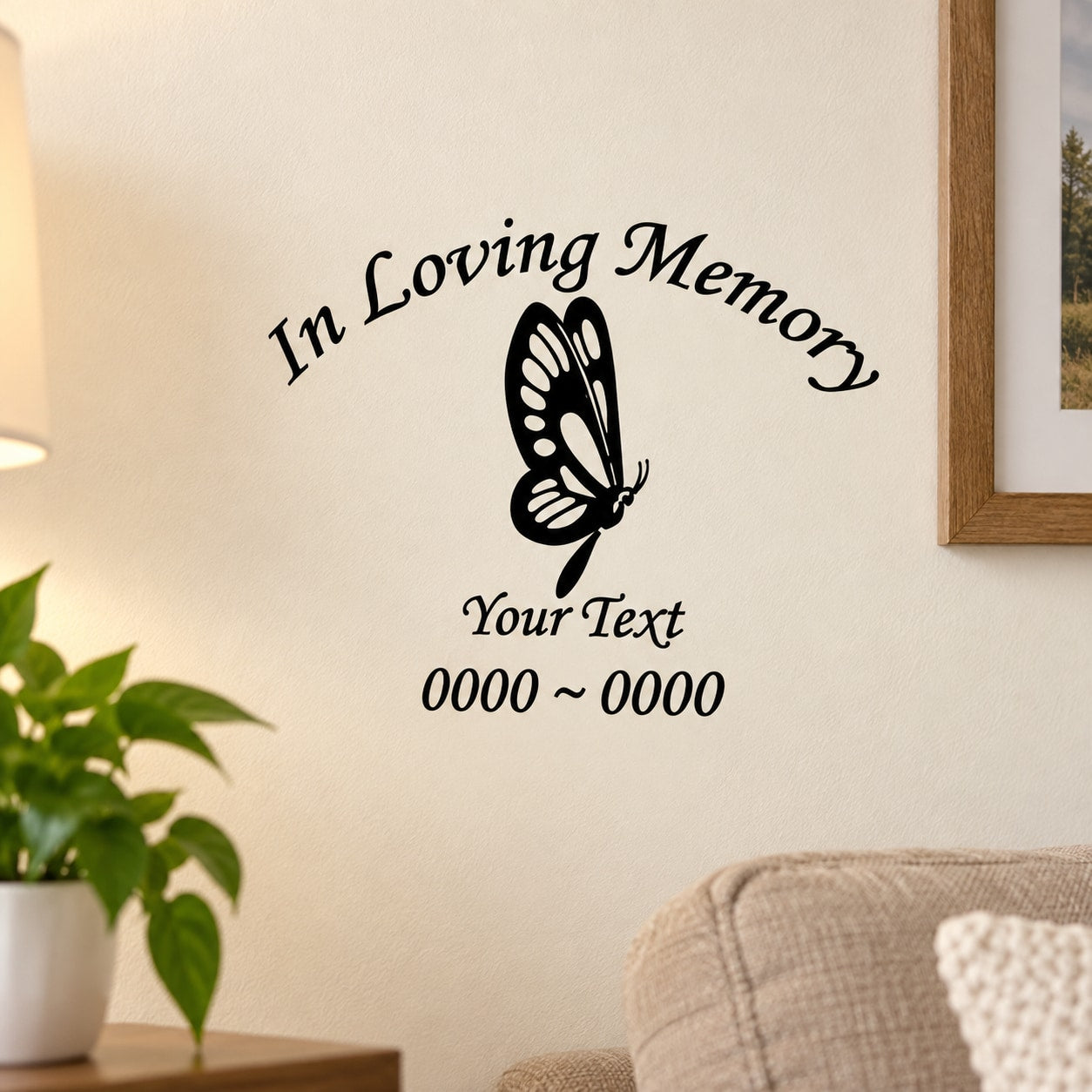 Black butterfly wall decal with 'In Loving Memory' and custom text
