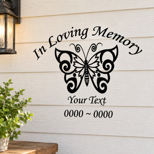 Black butterfly vinyl memorial decal: 'In Loving Memory' and 'Your Text'