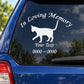 Cat memorial decal: 'In Loving Memory', cat silhouette, 'Your Text', and numbers