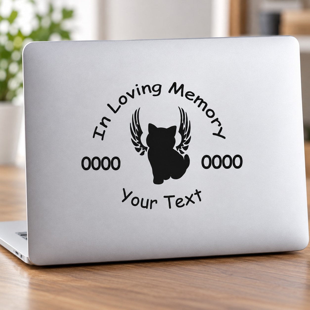Memorial decal: black winged cat silhouette with arched In Loving Memory text