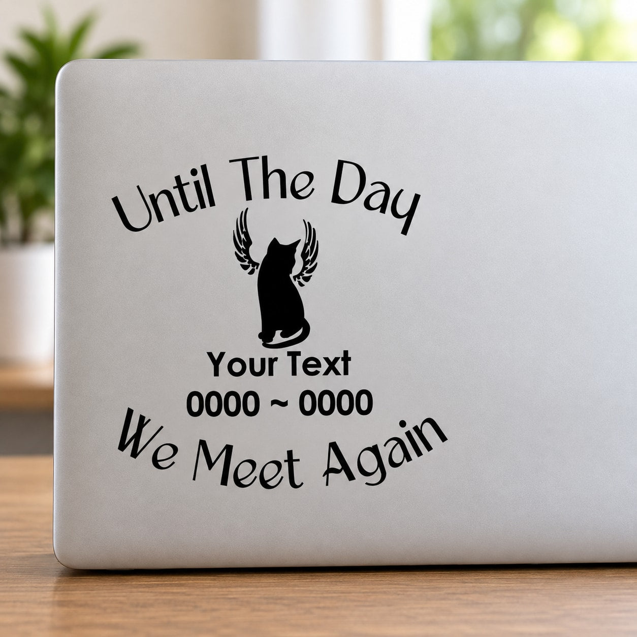 Memorial vinyl decal with winged sitting cat silhouette and quote 'We Meet Again'