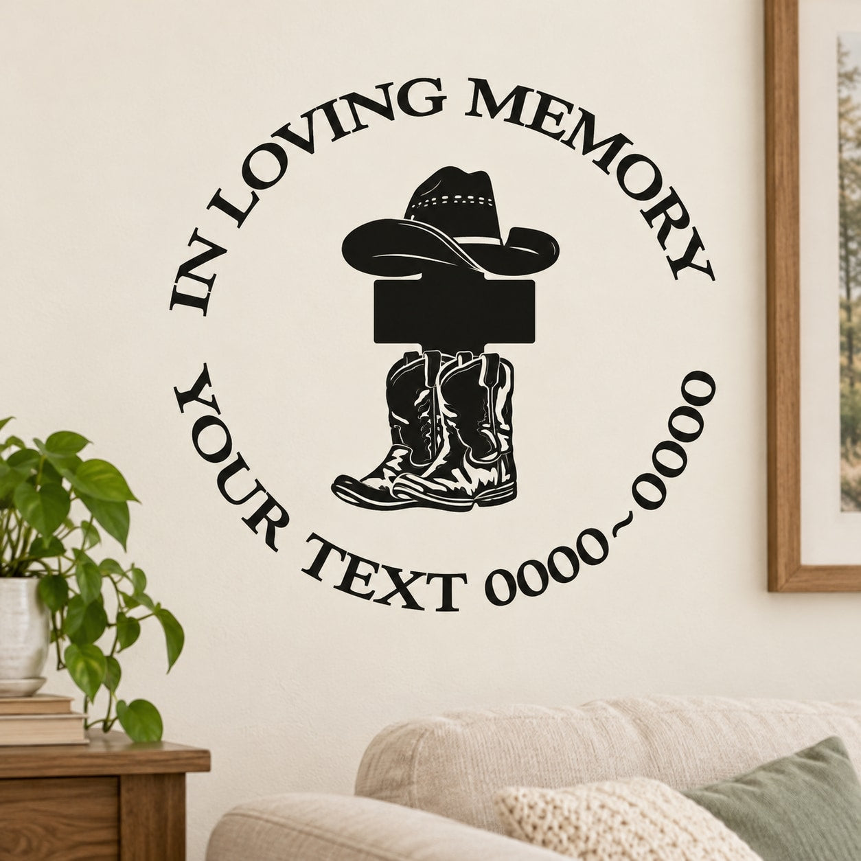 Custom cowboy boots headstone memorial decal with “In Loving Memory” and date text