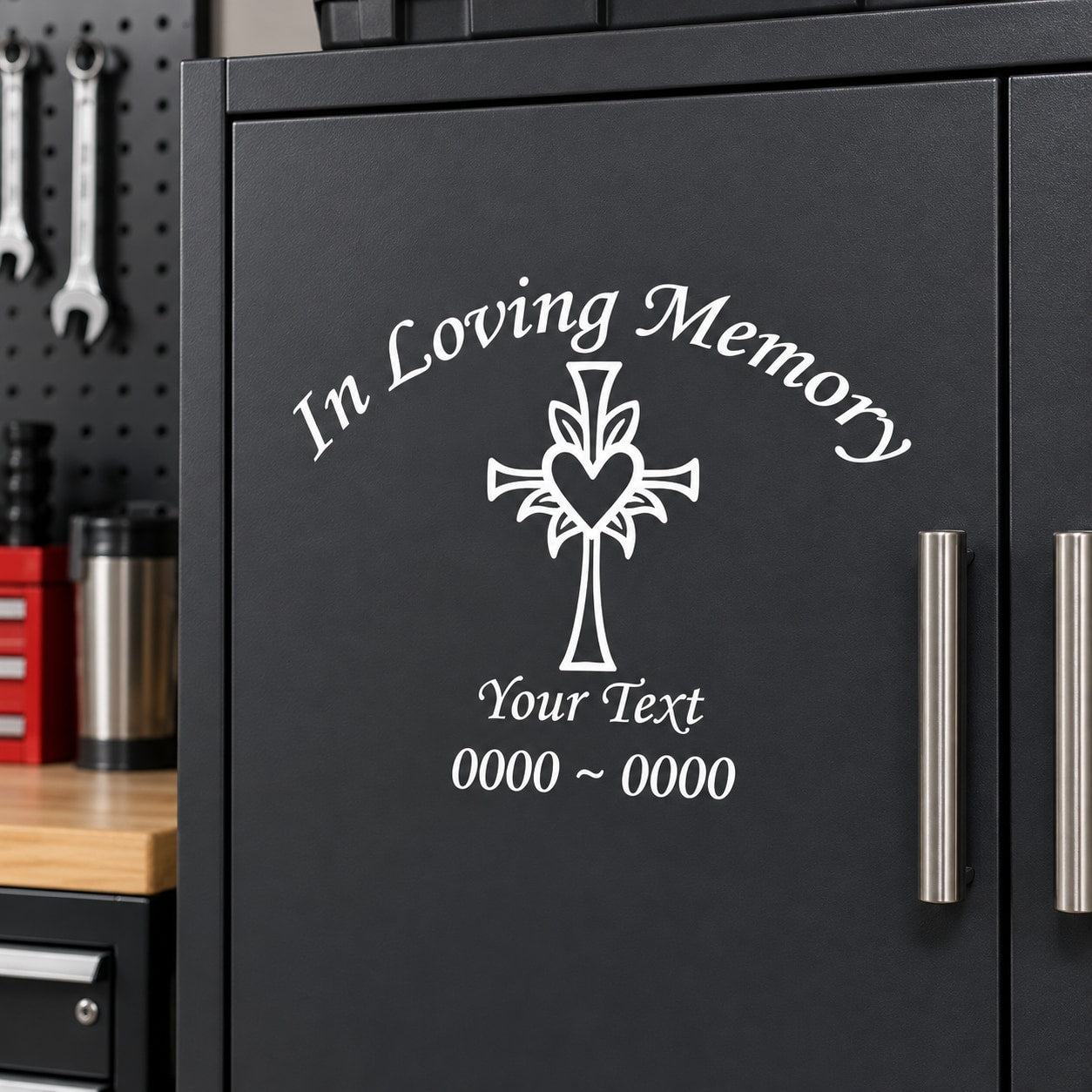 Memorial decal: heart-cross icon with 'In Loving Memory' and 'Your Text' placeholder.