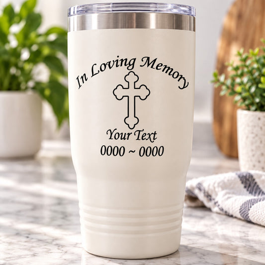 Memorial decal with outlined cross and 'In Loving Memory' custom text