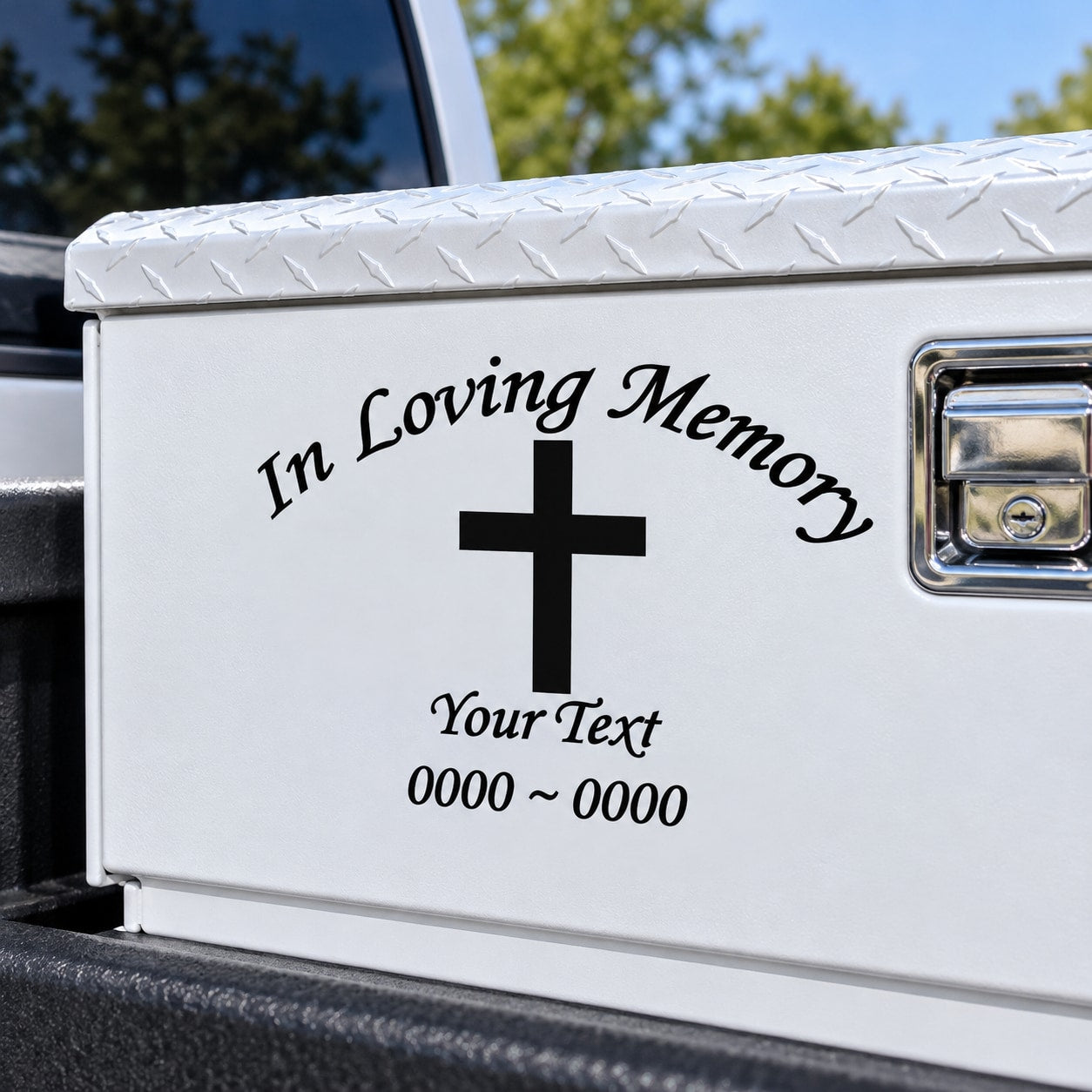 Memorial cross decal with “In Loving Memory” and “Your Text” placeholders