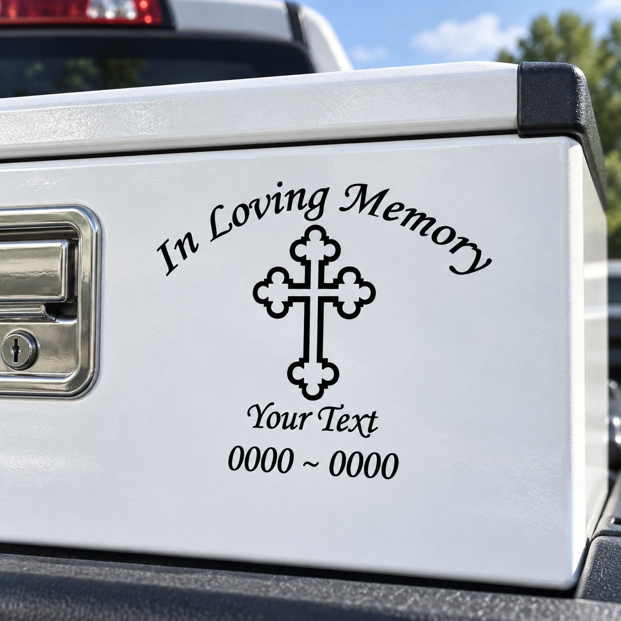 Custom memorial car decal: ornate cross, 'In Loving Memory,' 'Your Text'