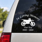 Custom dirt bike memorial decal with white text and motorcycle silhouette on black