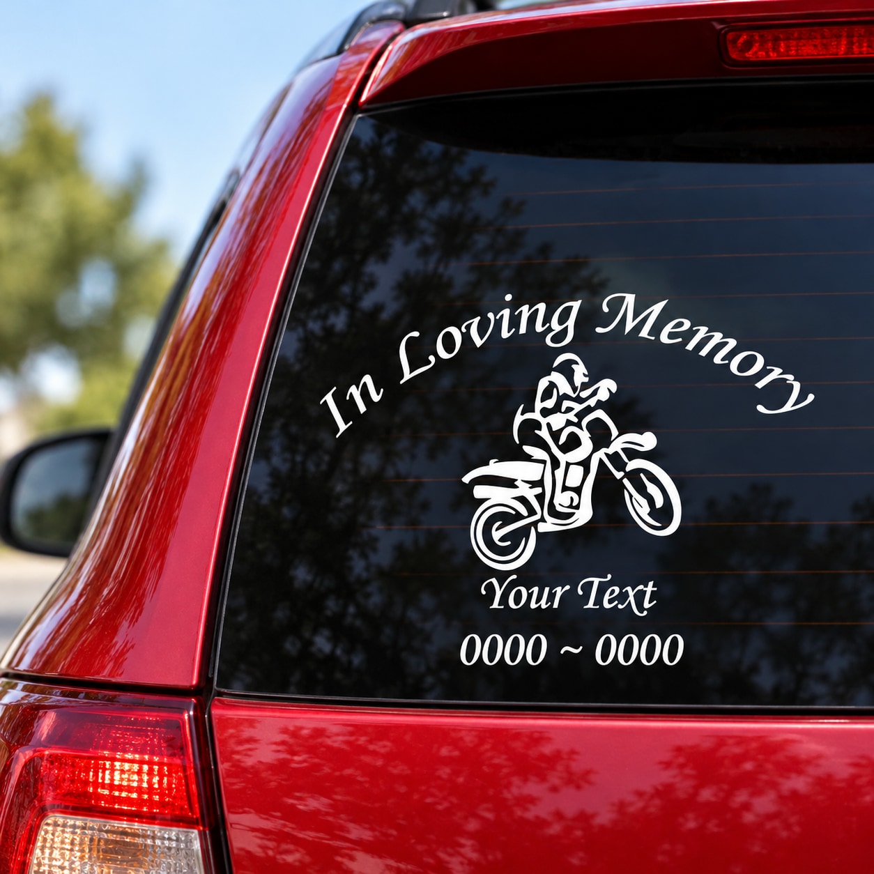 White in-loving-memory dirt bike decal with rider graphic and 'Your Text' lines