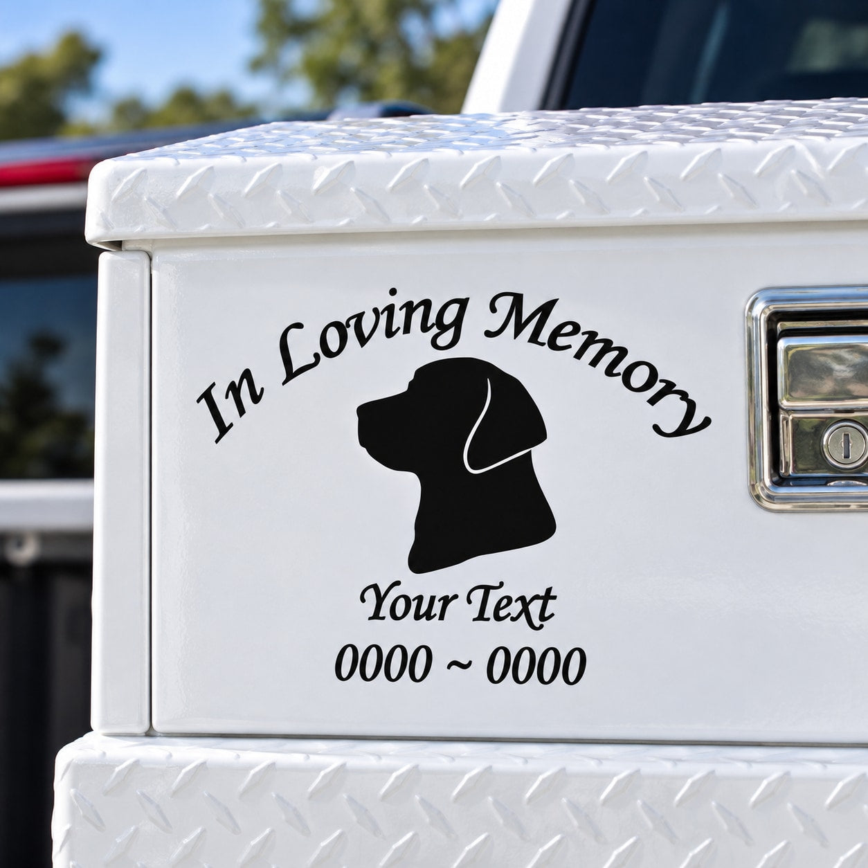 Memorial dog decal with 'In Loving Memory' and custom 'Your Text'