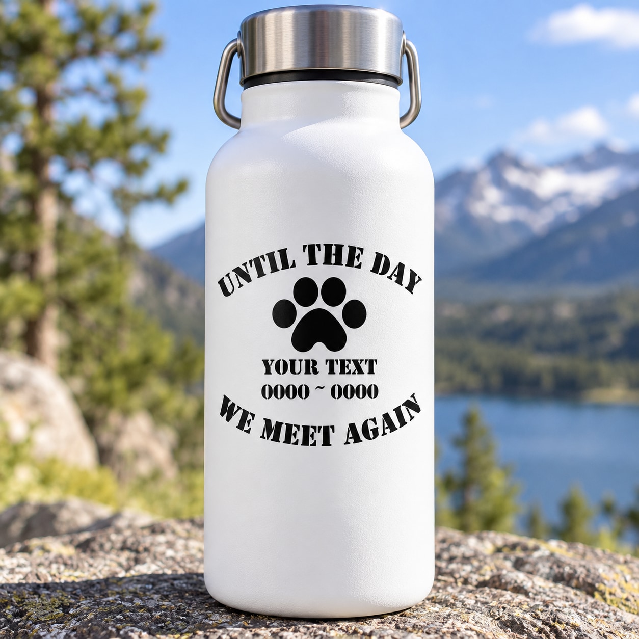 Dog paw print memorial decal on white bottle with black text and paw icon