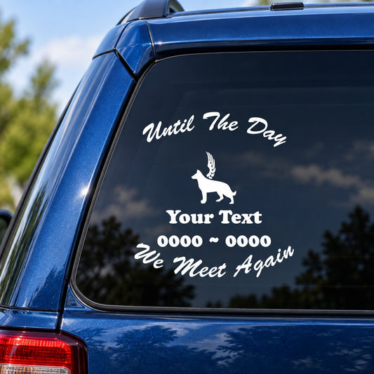 Car window decal with shepherd silhouette, wings, and memorial text