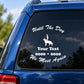 Car window decal with shepherd silhouette, wings, and memorial text
