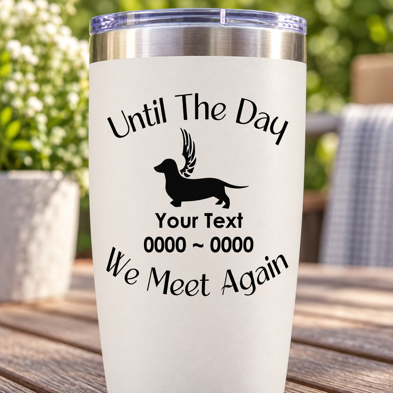 Memorial dachshund with wings decal featuring 'Until The Day' and 'We Meet Again' text