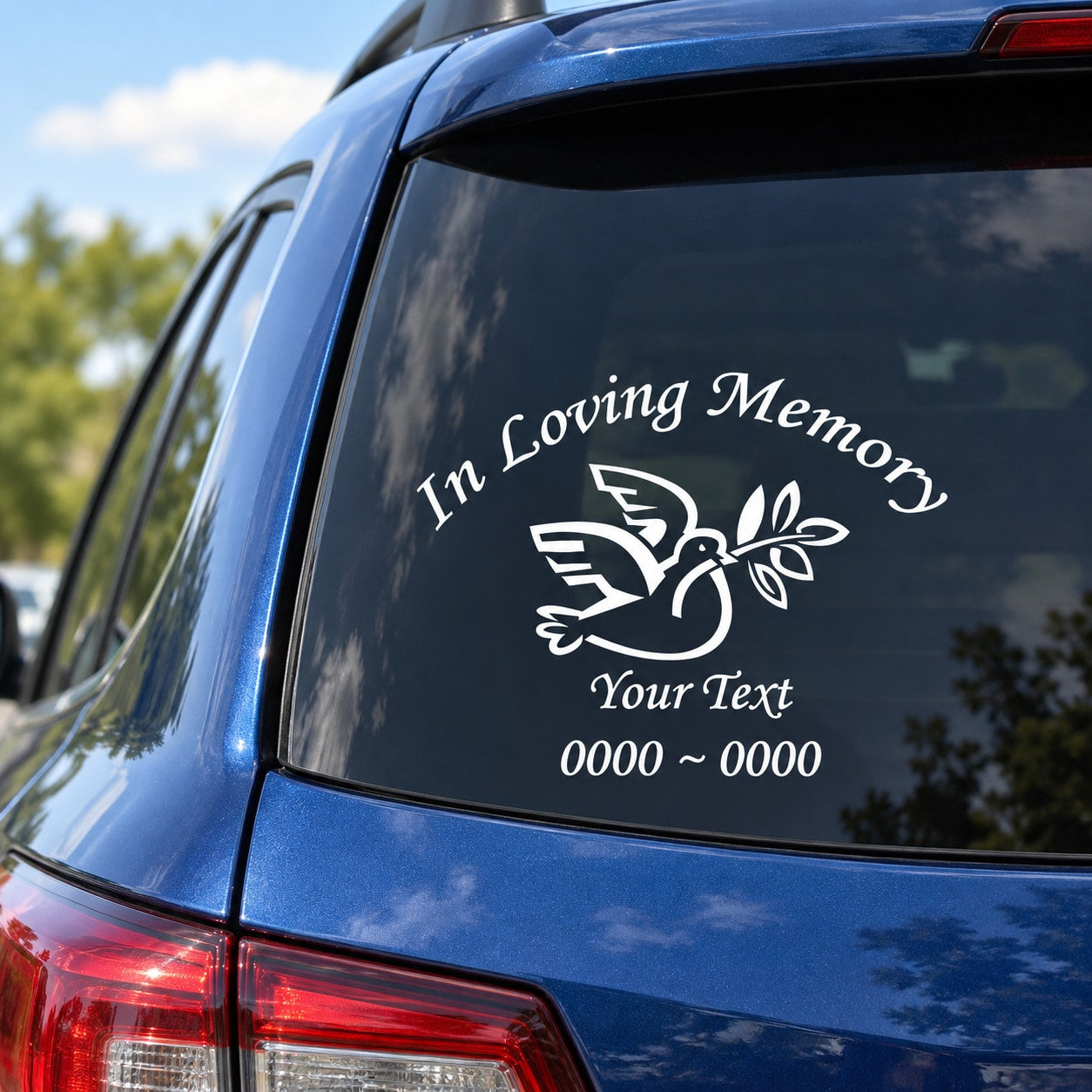In loving memory dove decal with custom text on car rear window