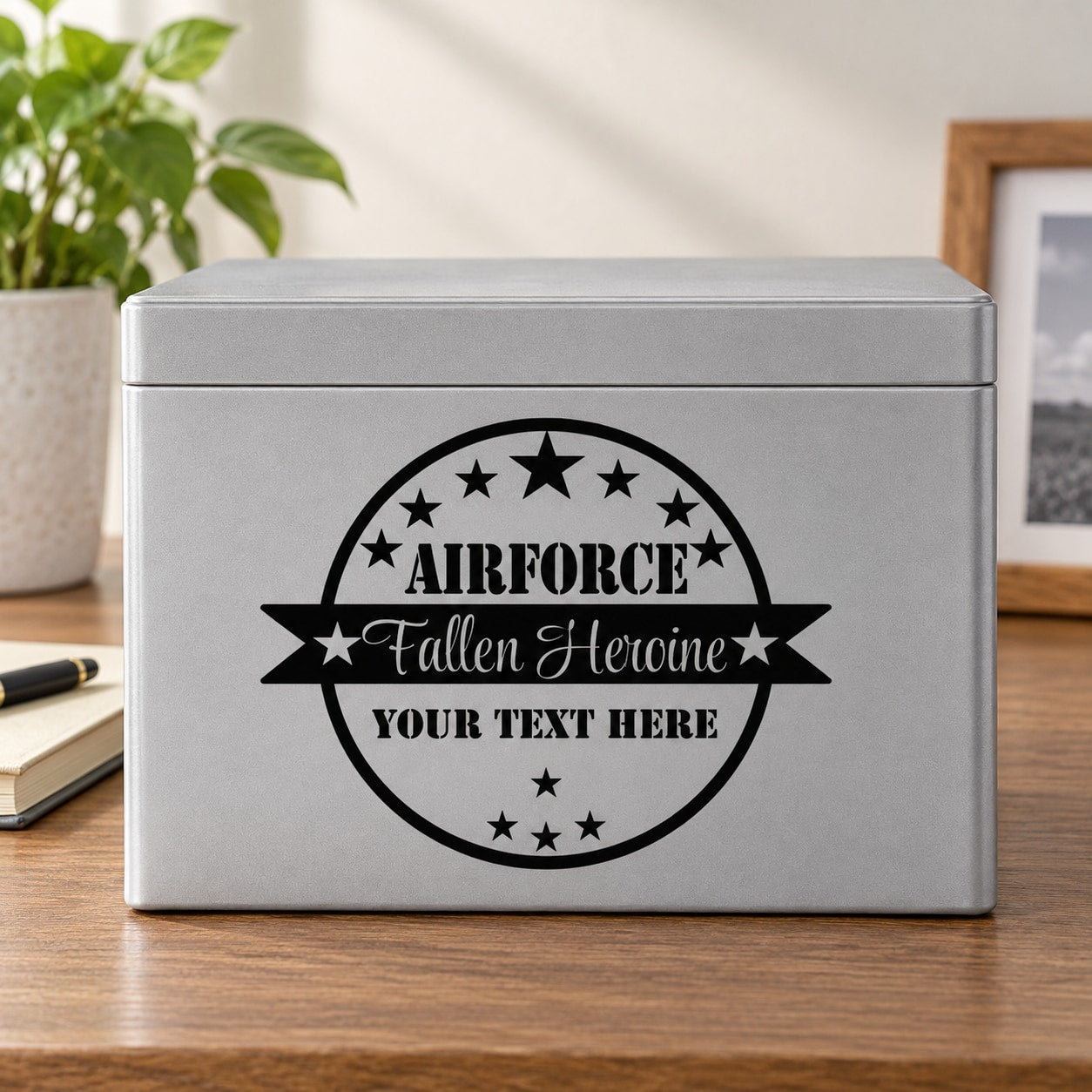 Custom Air Force memorial decal: circular black badge with stars and 'Fallen Heroine' text