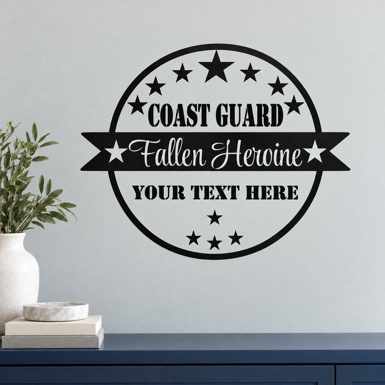 Coast Guard fallen heroine memorial decal, black circular badge with stars and ribbon text