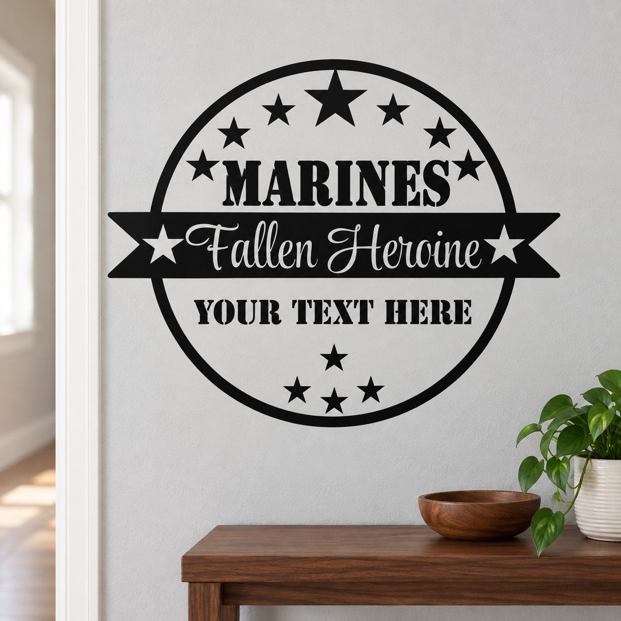 Round Marines memorial decal with stars, “Fallen Heroine,” and “Your Text Here” banner