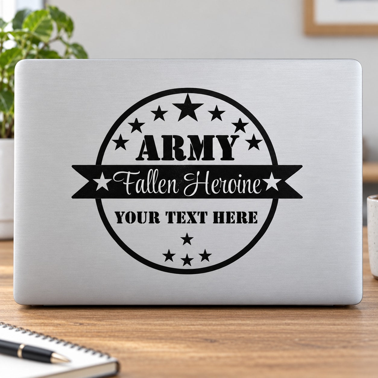 Army memorial decal: circular badge, Fallen Heroine ribbon, 'YOUR TEXT HERE'