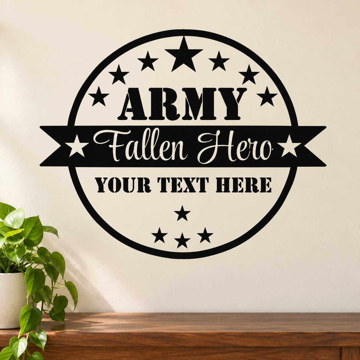 Army Fallen Hero memorial decal, black circle with “ARMY” and “Fallen Hero” and “Your Text Here”