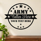 Army Fallen Hero memorial decal, black circle with “ARMY” and “Fallen Hero” and “Your Text Here”
