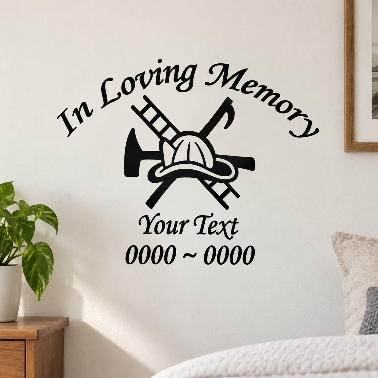 Firefighter memorial decal with 'In Loving Memory' and crossed axes, edit text lines