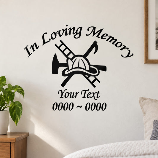 Firefighter memorial decal with 'In Loving Memory' and crossed axes, edit text lines