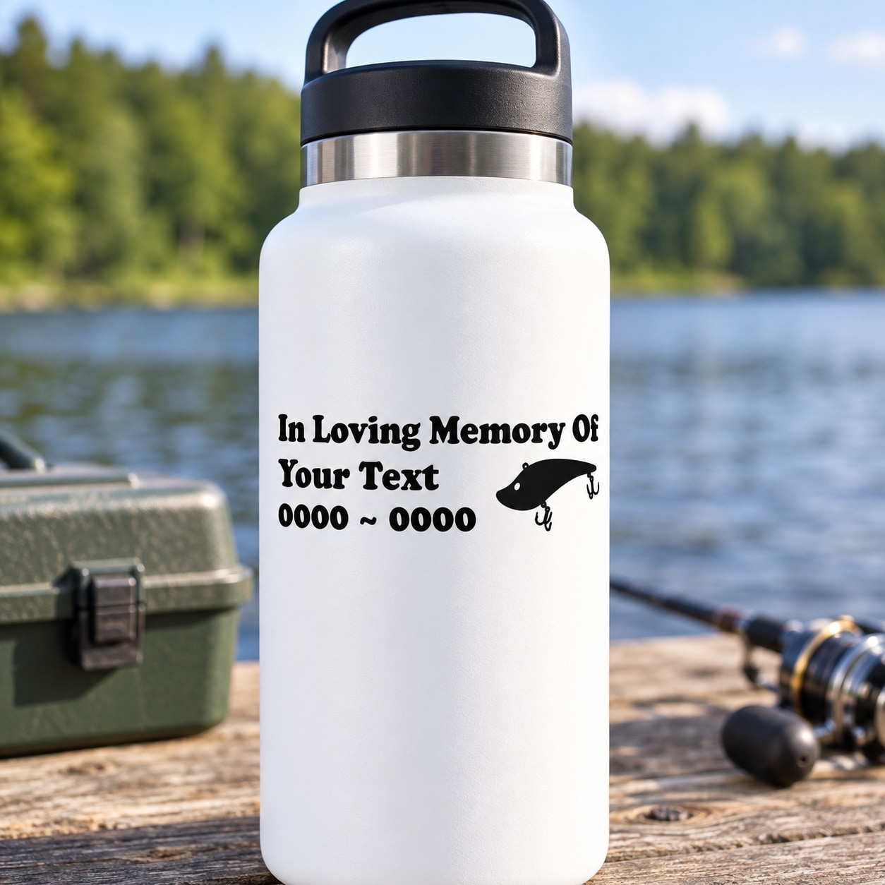 White water bottle with black “In Loving Memory Of” decal text and dove icon