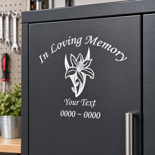 Memorial flower decal: "In Loving Memory" with "Your Text" and date lines