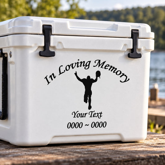 In loving memory football player decal with silhouette and 'Your Text' fields