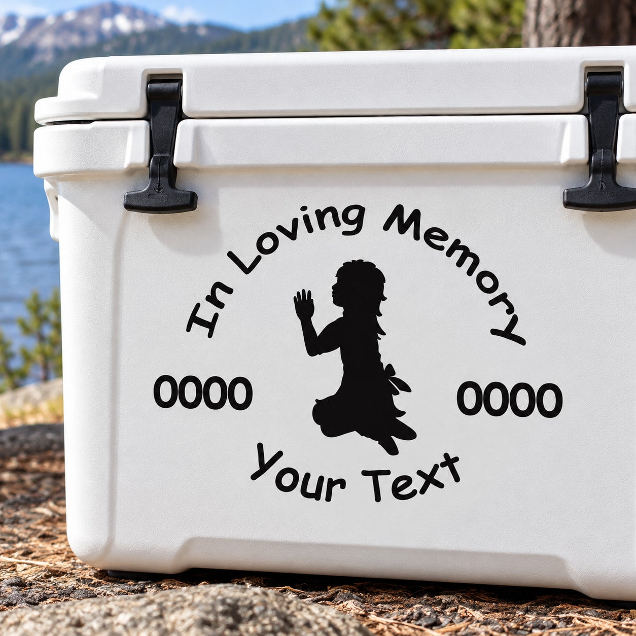 Memorial decal with kneeling girl silhouette and In Loving Memory lettering on white