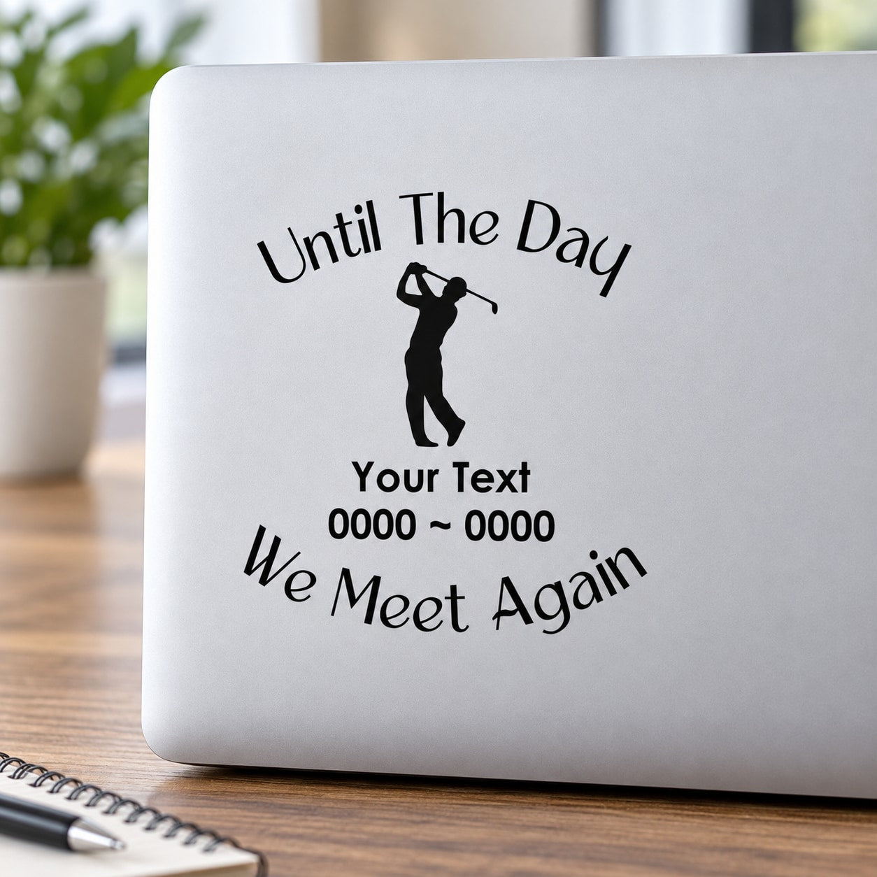Black golf memorial decal with golfer silhouette and text 'We Meet Again'
