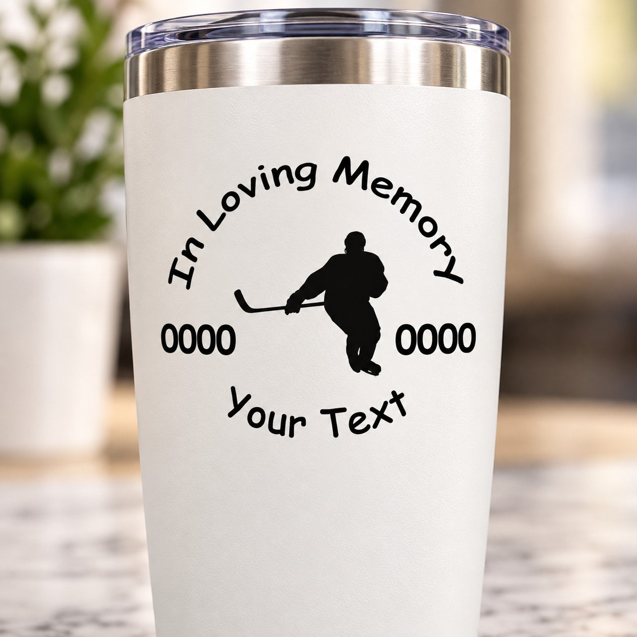 White tumbler decal: black hockey player silhouette with In Loving Memory and Your Text