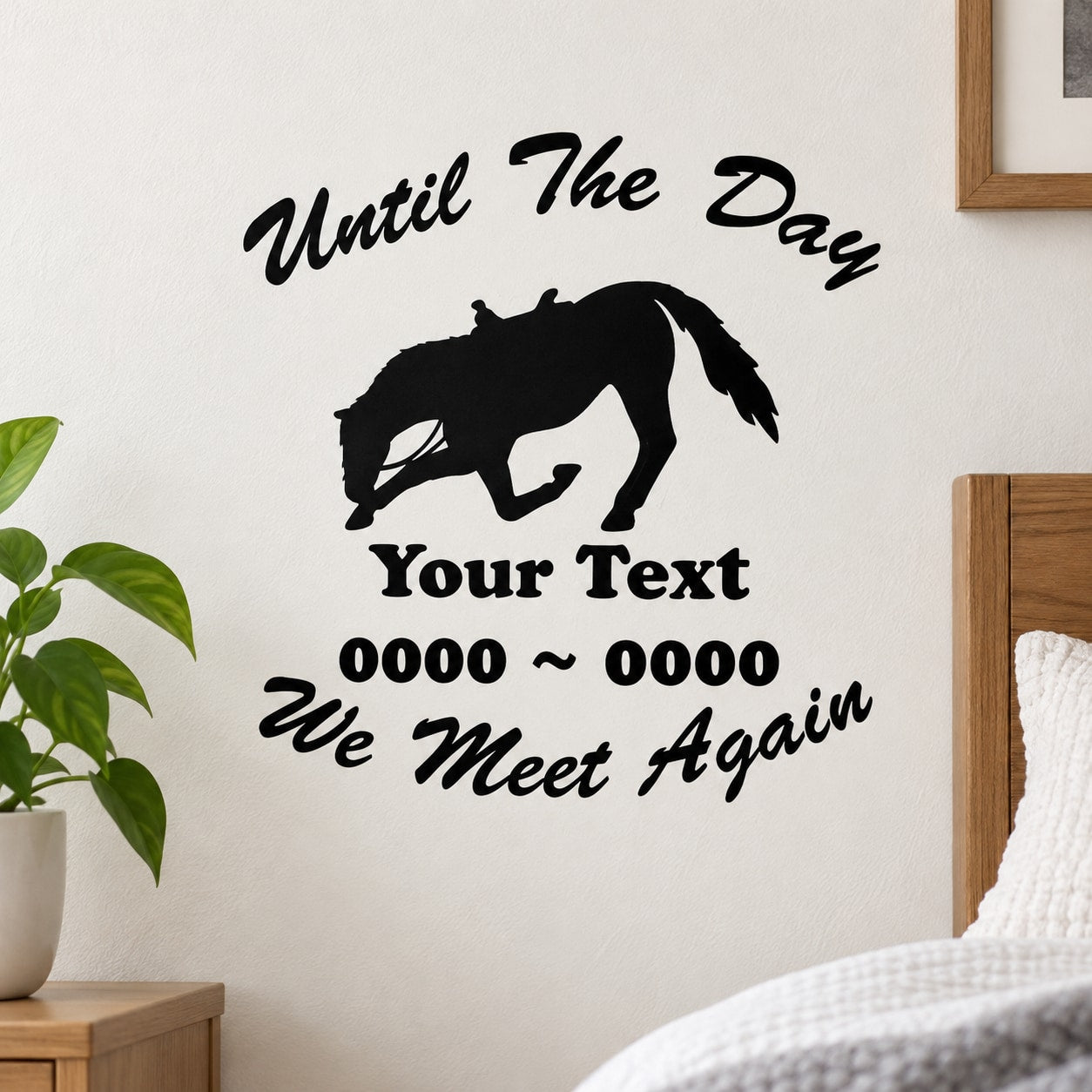 Praying horse memorial decal with 'Until The Day' and 'We Meet Again' text.