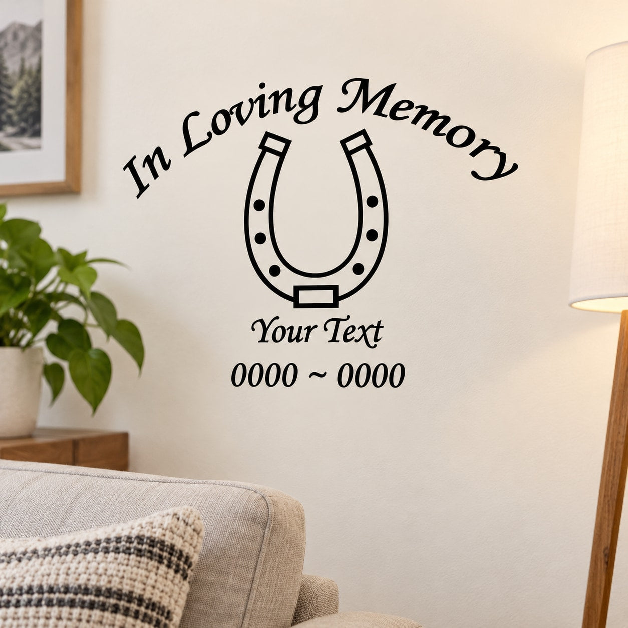 Horseshoe memorial decal with "In Loving Memory" text and horseshoe icon
