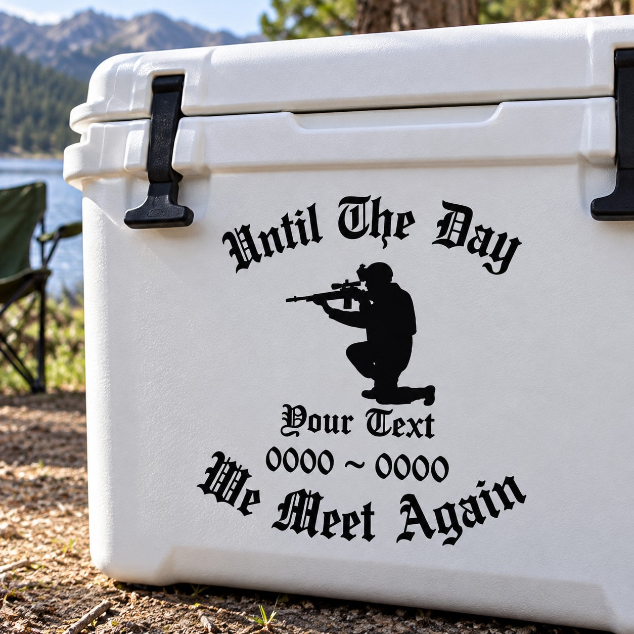 Memorial decal with rifle silhouette and text: “Until The Day… The Meat Again”
